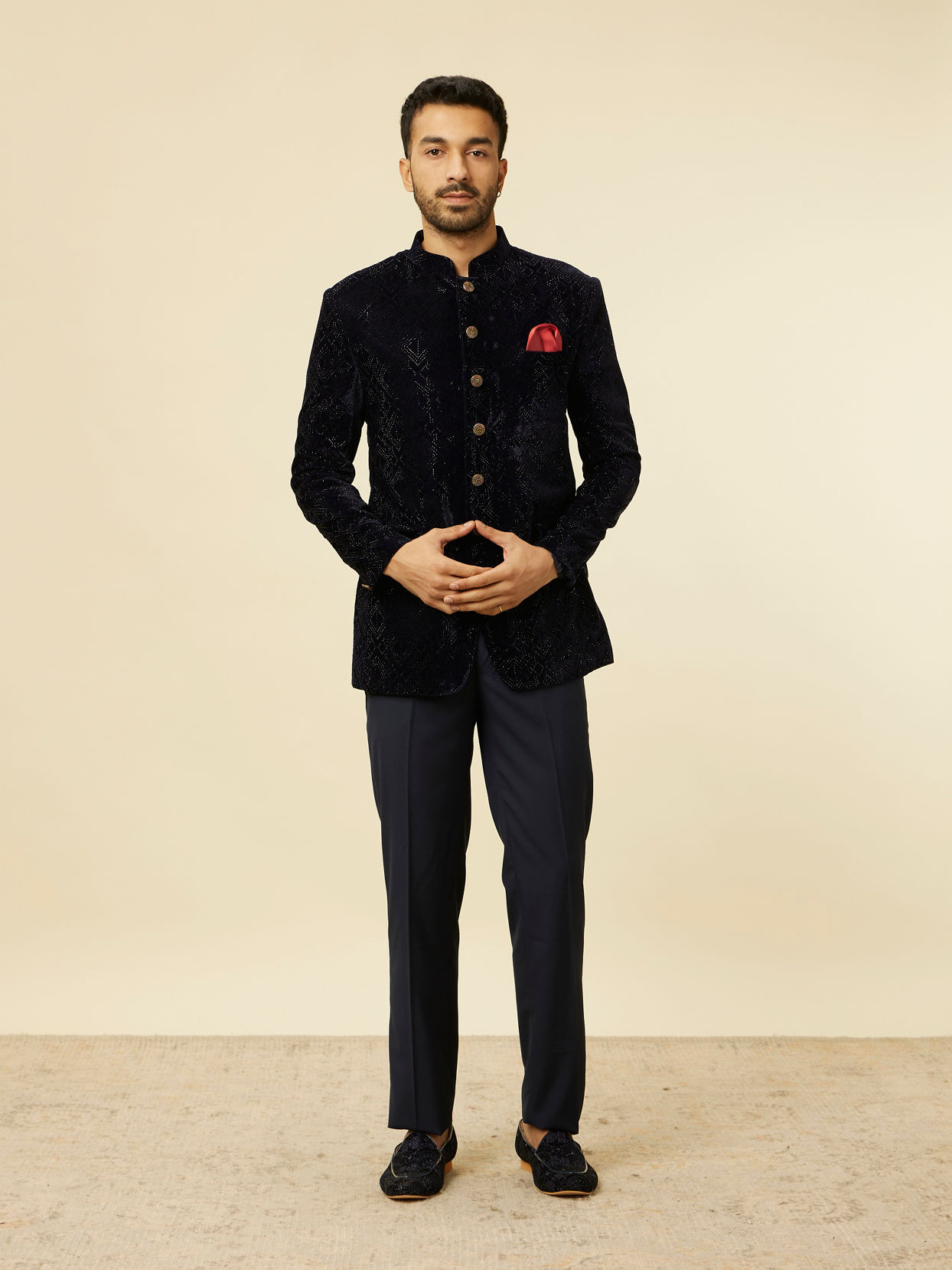 alt message - Manyavar Men Dark Blue Rhinestone Embellished Suit image number 3